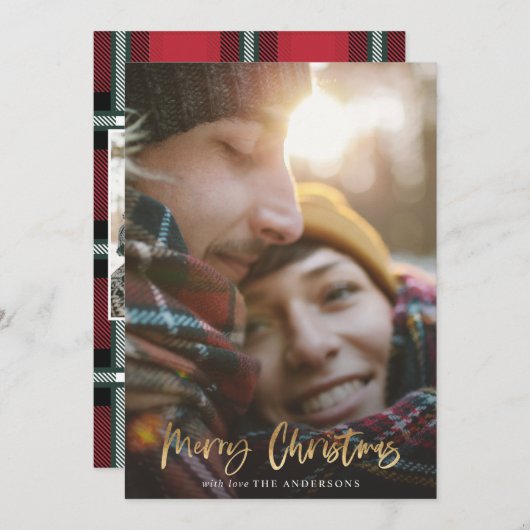 Goud script kwistig kerstrood tartan 2 fotograaf feestdagenkaart (Voorkant / Achterkant)