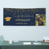 Goud Script Navy Confetti Gefeliciteerd Afstudeerd Spandoek (Beurs)