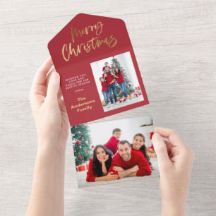 Goud script: rode kersttaartenfoto all in one uitnodiging