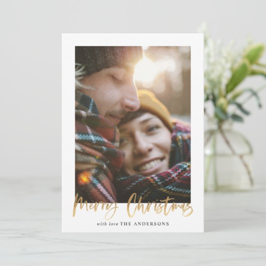 Goud script: rode kersttaartenfoto feestdagenkaart (Staand voorkant)