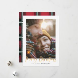 Goud script: rode kersttaartenfoto feestdagenkaart