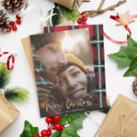 Goud script: rode kersttaartenfoto feestdagenkaart<br><div class="desc">Gold-effect stijlvol script is alleen maar een mooi kerstfeest met een coördinerend rood en groen vinkje tartan backer ontwerp. Ruimte voor één fotoontwerp. Een moderne kijk op een traditioneel kerstfeest.</div>