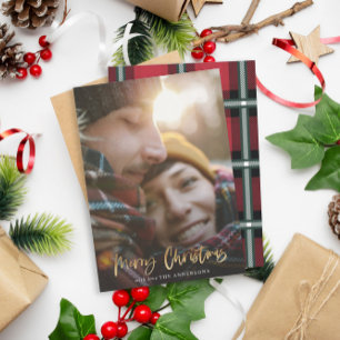 Goud script: rode kersttaartenfoto feestdagenkaart