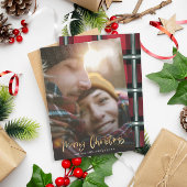 Goud script: rode kersttaartenfoto feestdagenkaart