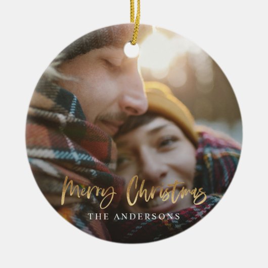 Goud script: rode kersttaartenfoto keramisch ornament (Voorkant)