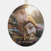 Goud script: rode kersttaartenfoto keramisch ornament (Links)