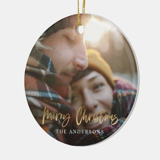 Goud script: rode kersttaartenfoto keramisch ornament (Links)