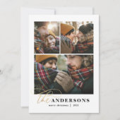 Goud script roodkleurige 3 foto met kerstmis feestdagenkaart (Voorkant)