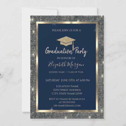 Goud Sequins Gradup Navy Blue Afstuderen Kaart (Voorkant)