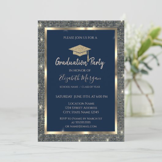 Goud Sequins Gradup Navy Blue Afstuderen Kaart (Staand voorkant)