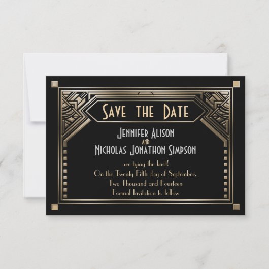 Goud Shaded Gatsby Art Deco Bruiloft Save the Date (Voorkant)