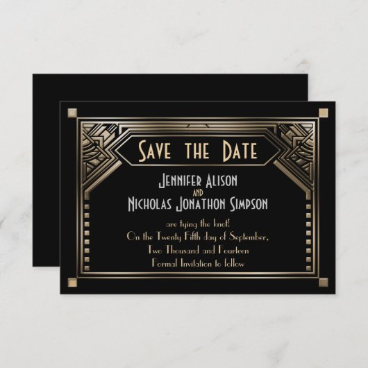 Goud Shaded Gatsby Art Deco Bruiloft Save the Date (Voorkant / Achterkant)