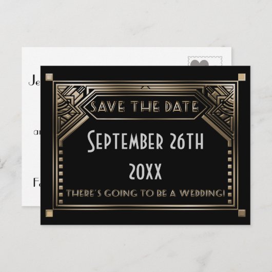 Goud Shaded Gatsby Art Deco Bruiloft Save the Date Aankondigingskaart (Voorkant / Achterkant)