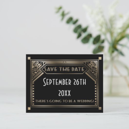Goud Shaded Gatsby Art Deco Bruiloft Save the Date Aankondigingskaart (Staand voorkant)