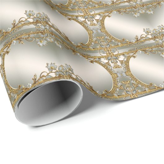 Goud Sierlijk Witte Bloemige Inpakpapier (Rol Hoek)