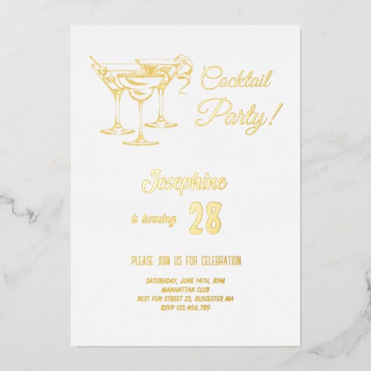 Goud, simpele cocktailparty folie uitnodiging (Voorkant)