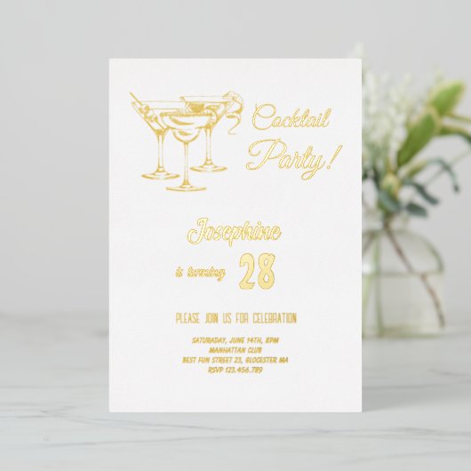 Goud, simpele cocktailparty folie uitnodiging (Staand Voorkant)