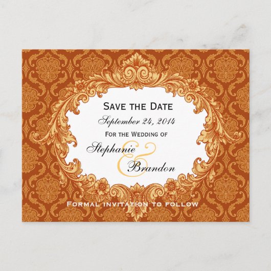 Goud Sinaasappel  Damask Wedding Save Date V34 Aankondigingskaart (Voorkant)
