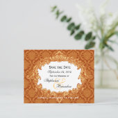 Goud Sinaasappel  Damask Wedding Save Date V34 Aankondigingskaart (Staand voorkant)