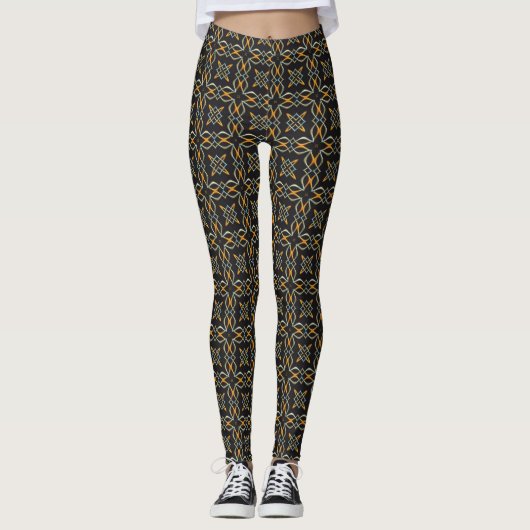 Goud, Sinaasappel, op zwarte Dressy Print Leggings (Voorkant)