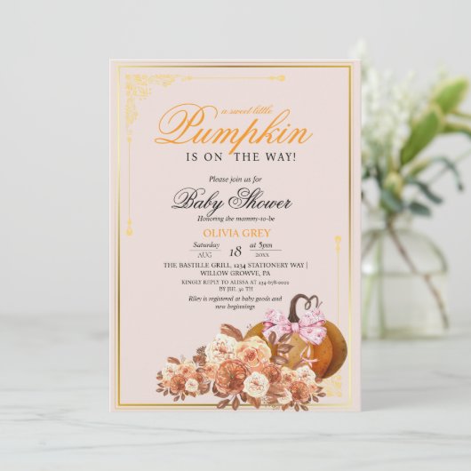 Goud Sinaasappel Pompoen Bloemen Baby shower Uitno Kaart (Staand voorkant)