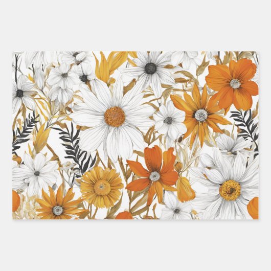 Goud Sinaasappel Wit Daisy Boho Wildflower Decoupa Inpakpapier Vel (Voorkant)