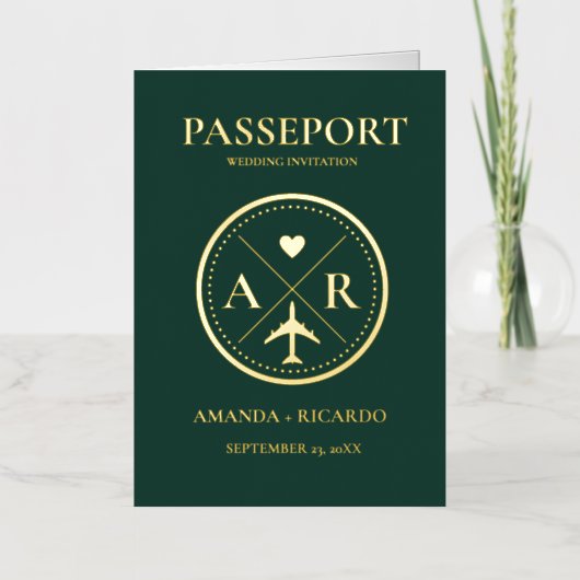 Goud & Smaragd Groen Paspoort Bruiloft Uitnodiging (Voorkant)