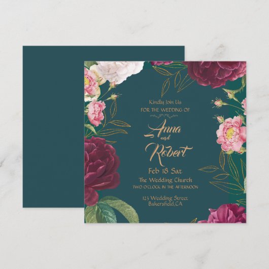 Goud & Smaragdgroene Bloemen Save The Date (Voorkant / Achterkant)