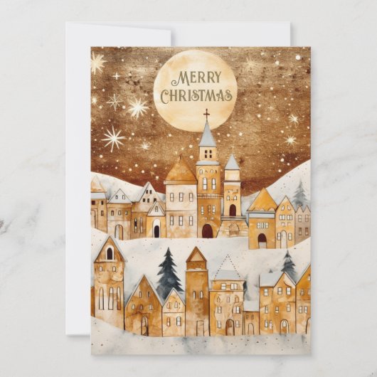 Goud Sneeuw Overdekt Dorp Vrolijk Kerstfeest Feestdagenkaart (Voorkant)