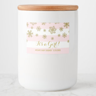 Goud Sneeuw Roze Strepen Winter Baby shower Voedselcontainer Etiket