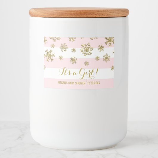 Goud Sneeuw Roze Strepen Winter Baby shower Voedselcontainer Etiket (Voorkant)