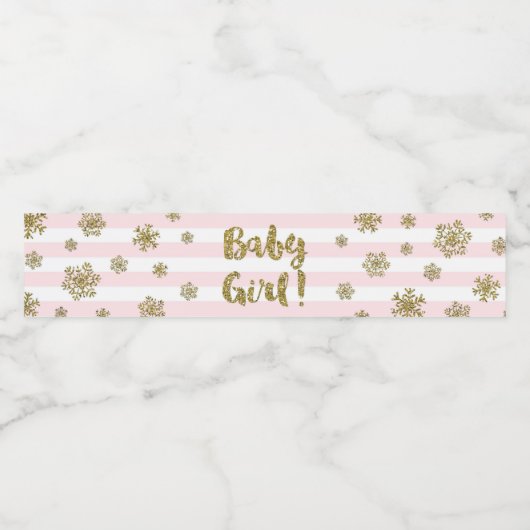 Goud Sneeuw Roze Strepen Winter Baby shower Waterfles Etiket (Enkel label)