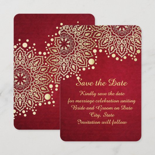 Goud Sneeuwvlokken Rode Kerstmis Save the date (Voorkant / Achterkant)