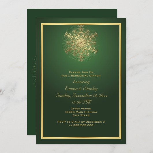 Goud snowflake, groen bruiloft, diner kaart (Voorkant / Achterkant)
