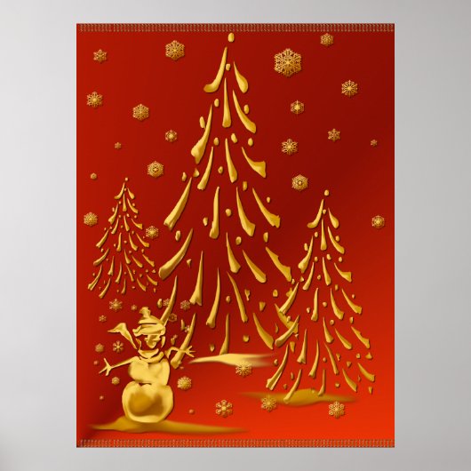 Goud Snowman en kerstboom afdrukken Poster (Voorkant)