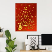 Goud Snowman en kerstboom afdrukken Poster (Thuiskantoor)
