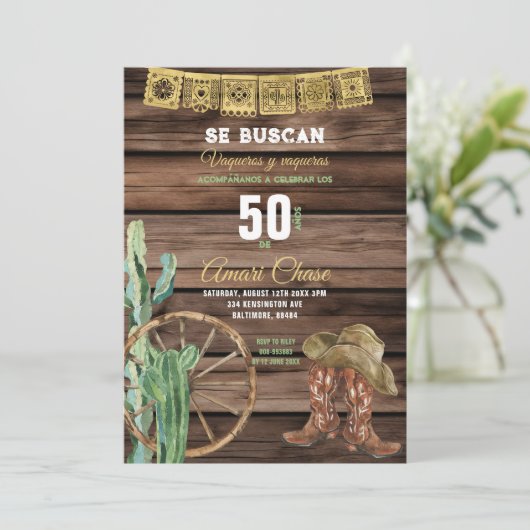 Goud Spaans Western Cowboy Verjaardag Rustiek Hout Kaart (Staand voorkant)