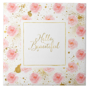 Goud spat op Roze Rozen Hallo Mooi Tegeltje