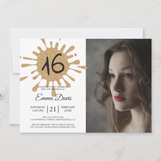 Goud spetterende Sweet 16 16e verjaardagsfeest fot Kaart (Voorkant)