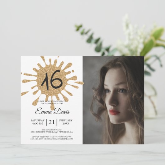 Goud spetterende Sweet 16 16e verjaardagsfeest fot Kaart (Staand voorkant)