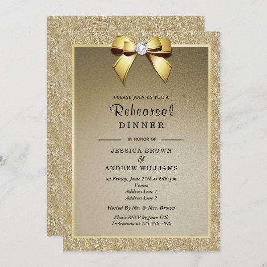 Goud & Stijlvolle Gem Bruiloft repetitie diner Kaart (Voorkant / Achterkant)