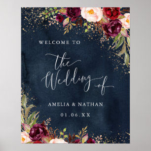 Goud Stof Bordeaux Navy Bloemen Welkom Bruiloft Poster