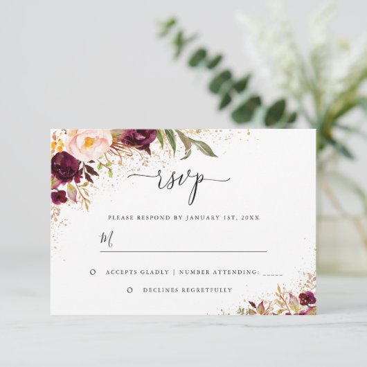 Goud Stof Bourgondië Bloem RSVP Kaartje (Staand voorkant)