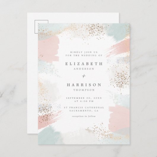 Goud stof en painterly Pastel-penseelstreken Uitnodiging Briefkaart (Voorkant / Achterkant)