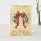 Goud Stof Glitter Confetti Rode Strik Kerstklokken Kaart (Voorkant)