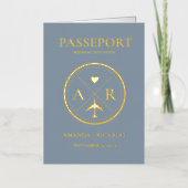 Goud & Stoffig Blauw Paspoort Bruiloft Uitnodiging (Voorkant)