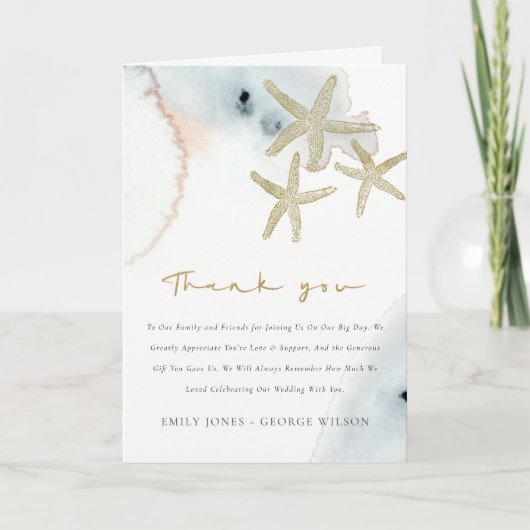 Goud stoffig blauwe strand sterappel babyfeest  bedankkaart (Voorkant)