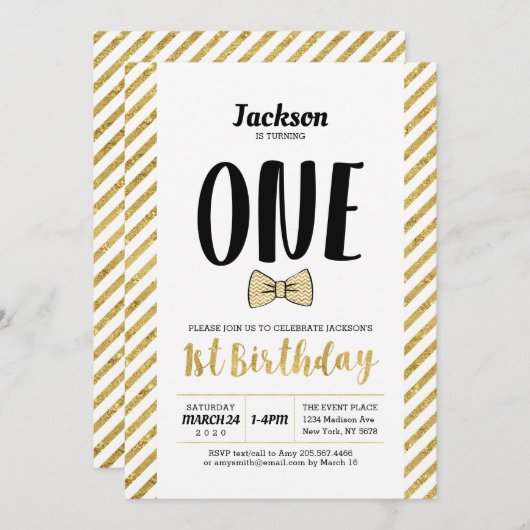 Goud, Stropdas | Jongen 1e verjaardag uitnodiging (Voorkant / Achterkant)