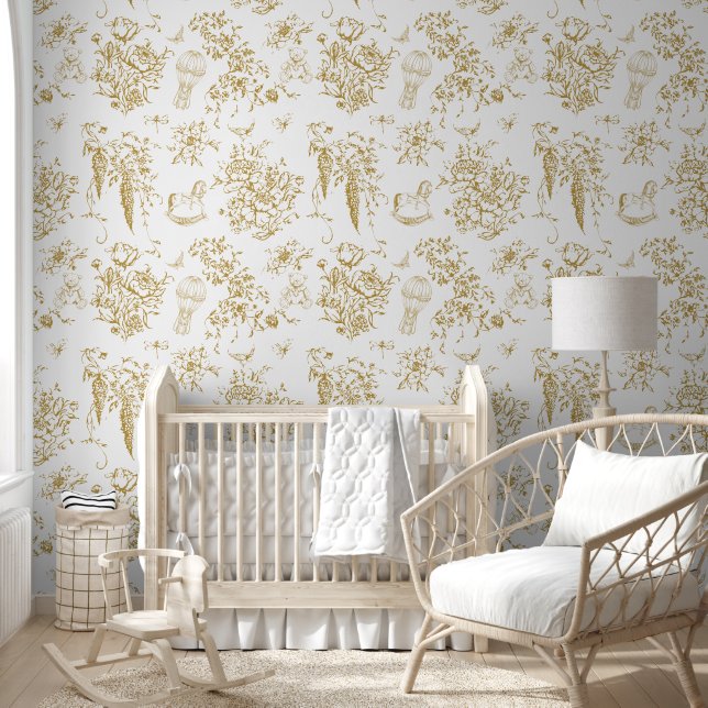 Goud Tan Toile Bloemen Teddybeer Elegant Classic Behang (Kinderen)