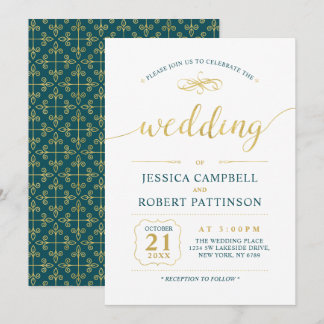 Goud & Teal | Elegante Klassieke Trouwceremonie Kaart